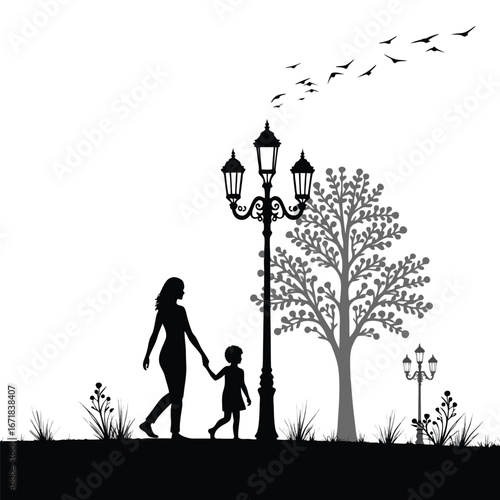 Mother and child walking by lamppost and tree silhouette