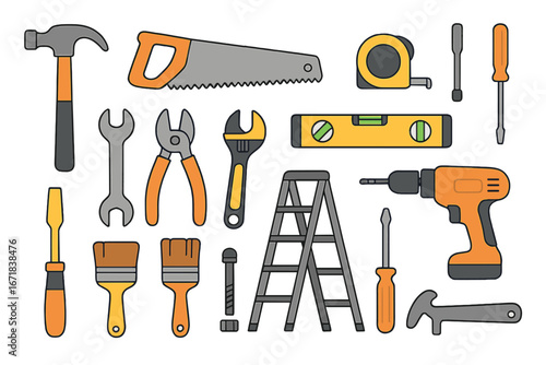 Construction tools icon set for DIY and home improvement. Vector collection of hardware and equipment. Hammer, saw, drill, screwdriver, wrench, and level flat design icons.