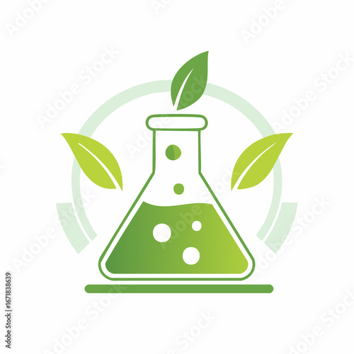 Green chemistry research flask with leaves symbolizing biotechnology and eco-friendly science