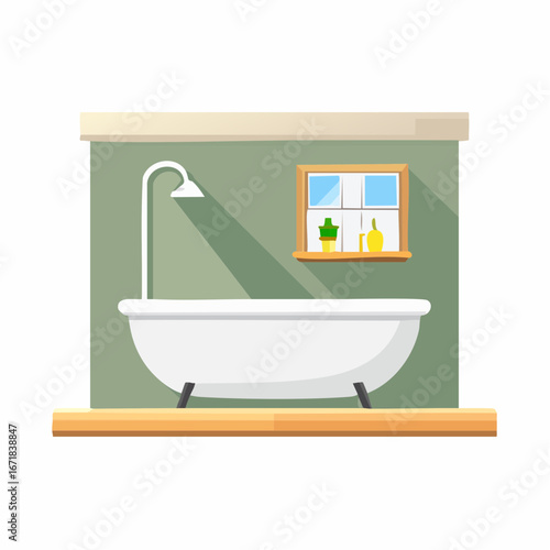 Modern bathroom with white freestanding bathtub shower head window and decorative bottles simple flat vector illustration