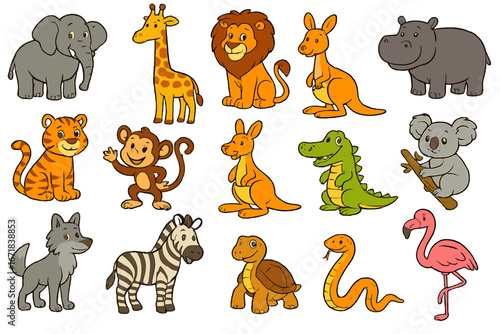 Cute cartoon zoo animals set. Big collection of funny wildlife characters. Jungle and safari animals like lion, tiger, elephant, giraffe, monkey, zebra for kids design. Vector illustration.