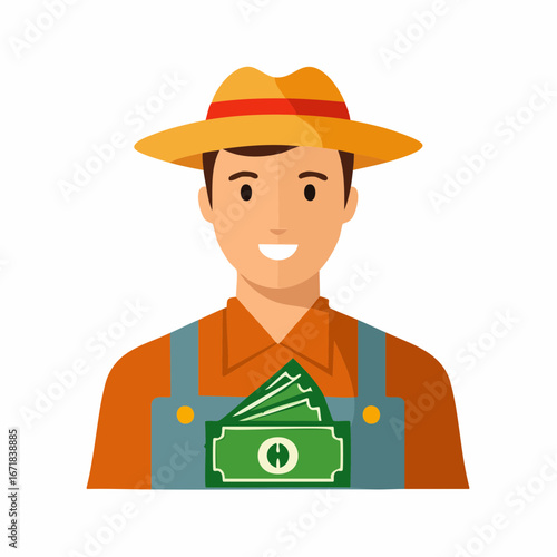Smiling farmer with straw hat holding money, agriculture or financial concept