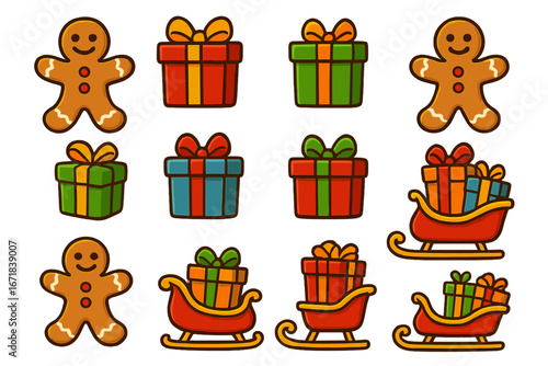 Christmas icon set with gingerbread man, gifts and Santa sleigh. Vector illustration collection for holiday design. Cute cartoon winter elements for festive decoration. Xmas graphic.