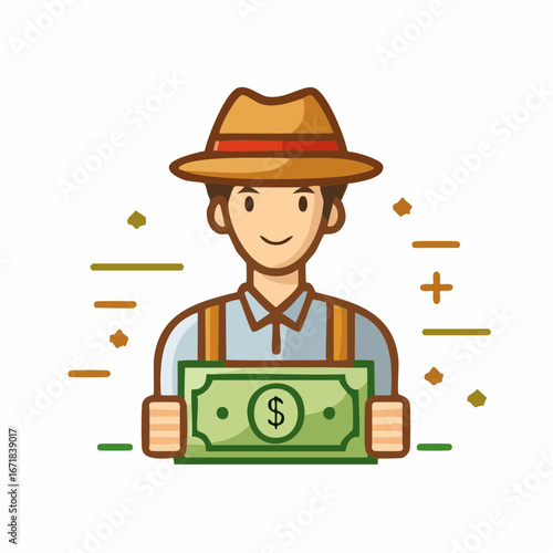 Farmer holds dollar bill suggesting harvest income or agricultural investment success