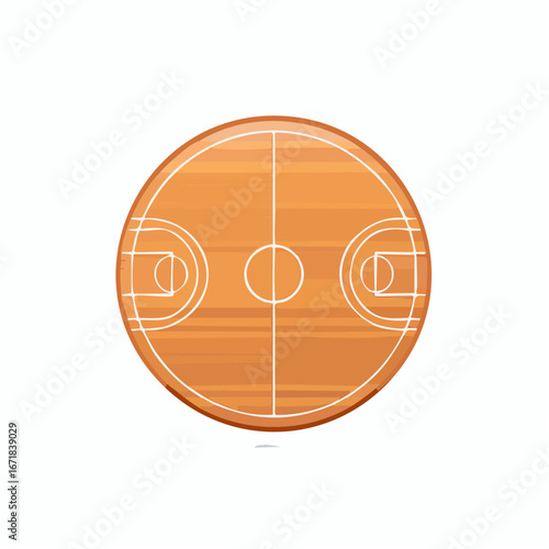 Circular basketball court pattern with white lines on wood grain texture