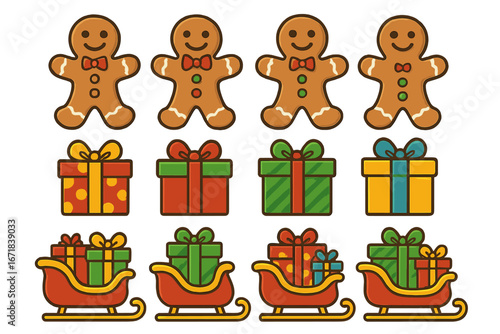 Christmas icon set with gingerbread man, gifts and sleigh. Holiday decoration elements. Winter festive collection. Xmas cartoon vector illustration. New Year celebration symbols.