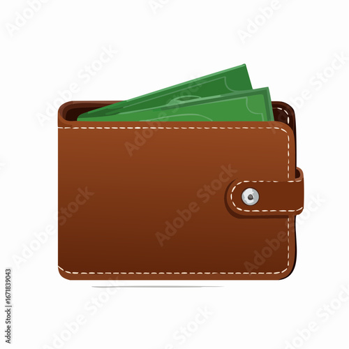 Brown leather wallet with green paper money peeking out from the top and a silver snap closure