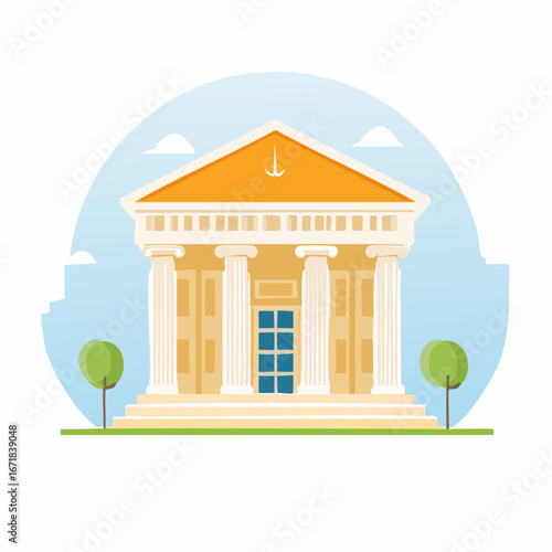 Classical building with pillars and orange roof under a sky with clouds