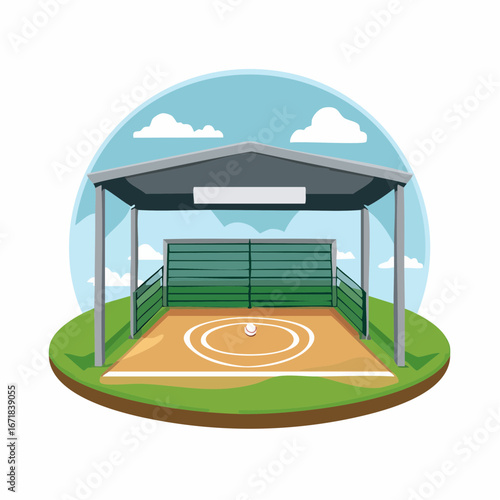 Illustration of a Sumo wrestling ring. Blue sky with clouds in the background and green grass. Covered area.