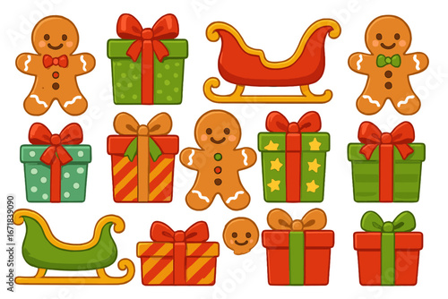 Christmas icon set with gingerbread man cookies, festive gift boxes, and Santa sleigh. Cute cartoon holiday collection for winter celebration. Vector graphic design elements.