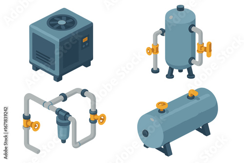 Industrial compressed air system icons. Isometric vector set with compressor, air receiver tank, pipes, valves, and filter. Utility equipment for factory and plant technology.