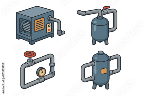 Compressed air utility icons isometric set. Industrial equipment for air compression system. Vector cartoon elements of compressor, tank, pipe, valve and pressure gauge.