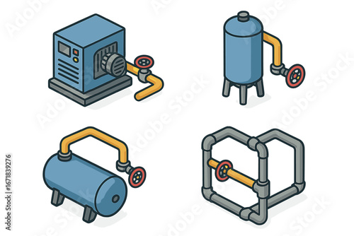 Compressed air utility icon set. Isometric vector illustration of industrial equipment. Includes air compressor unit, receiver tank, pipes, and valves for pneumatic systems.