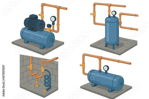 Isometric air compressor system icon set. Vector cartoon illustration of industrial utility equipment with pump, motor, tank, copper piping, pressure gauge, and air hose.