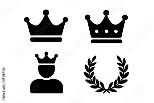 Crown and laurel wreath vector icon set. Royalty, leadership, and victory solid glyph icons. King, winner, and champion symbols. Premium quality award pictogram collection.