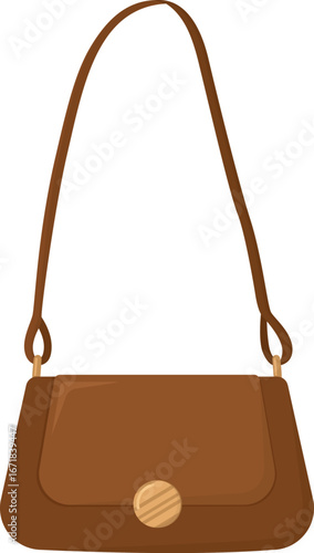 Illustration of a fashionable women's handbag crafted from brown leather. Stylish casual accessory with gold
accent and shoulder strap