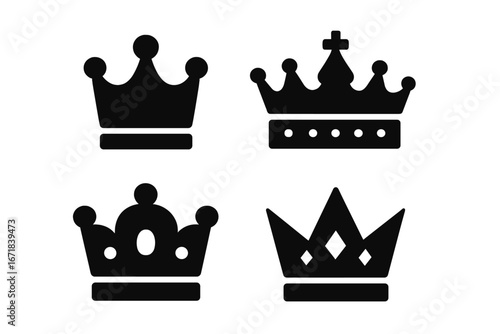 Crown royalty solid icon set. Elegant regal symbols for monarchy and power. Vector glyph collection of king, queen, and princess tiaras. Classic heraldic luxury emblems.
