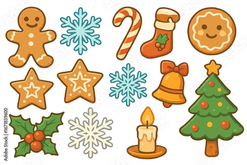 Christmas icon set. Winter holiday cartoon collection. Gingerbread man, cookie, snowflake, candy cane, stocking, bell, tree, holly, candle. Festive seasonal vector elements.