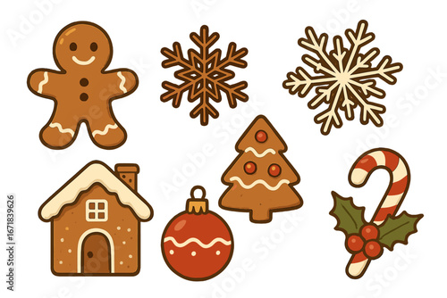 Set of Christmas gingerbread cookies. Winter holiday icons collection with gingerbread man, house, tree, snowflakes, candy cane, and bauble. Festive vector cartoon illustration.