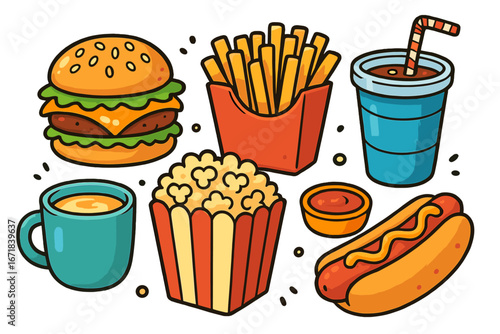 Fast food vector icon set. Cartoon junk food collection with hamburger, french fries, hot dog, soda, popcorn. Cute meal illustration for menu, restaurant, cinema, delivery.