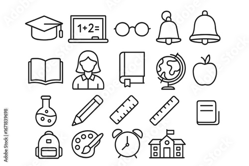 Education and school line icon set. Learning, study, and classroom supplies collection. Vector graphic symbols for web and app design. Includes book, pencil, globe and more.