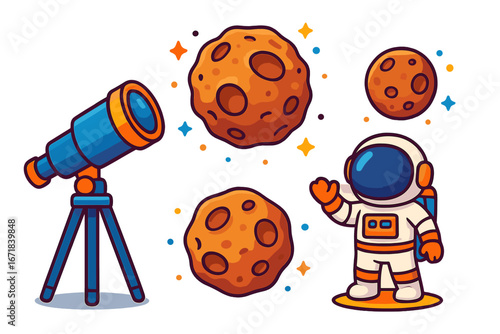 Cute cartoon astronaut with telescope exploring outer space. Vector illustration set with planets, asteroids, and stars. Science and astronomy concept for kids. Spaceman character.