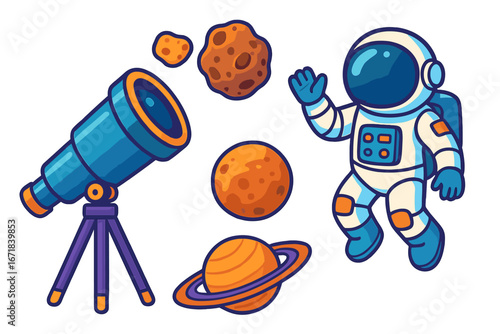 Space exploration cartoon icon set. Astronaut, telescope, planets, meteor, asteroid. Cosmic vector elements for kids. Galaxy astronomy science discovery. Spaceman character.