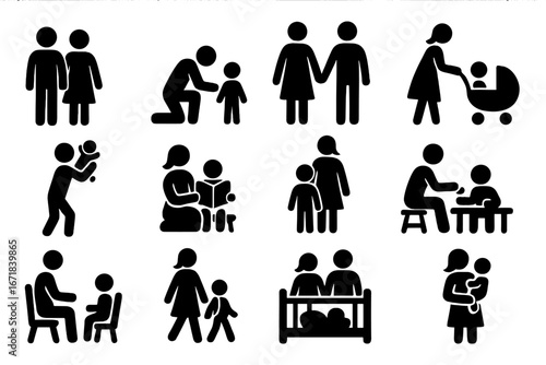 Family life & parenting silhouette icon set. Childcare, education, daily activities pictograms. Mother, father, child & baby care vector collection. Parents with kids icons.
