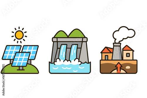 Renewable energy sources vector icon set. Solar panel, hydroelectric dam, and geothermal power plant illustrations. Clean, green, sustainable electricity generation concept.