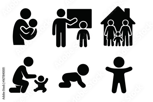 Family and parenting silhouette icon set. Childcare, education, home life concept. Vector icons of parent holding baby, teacher with child, family in house, crawling, playing.
