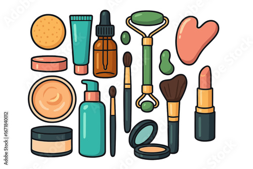 Collection of beauty tools and cosmetics for makeup and skincare routine. Vector set with jade roller, gua sha, serum, cream, lipstick and brushes. Flat cartoon illustration.