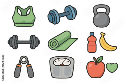 Fitness icon set. Healthy lifestyle, sport equipment, and diet food collection. Vector concepts for gym, workout, wellness. Dumbbell, scale, yoga mat cartoon symbols.