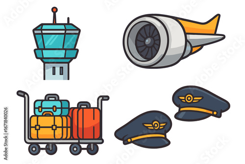 Airport elements icon set vector. Air traffic control tower, airplane engine, luggage cart, pilot hat. Aviation, travel, transportation cartoon graphic collection. Flight concept.