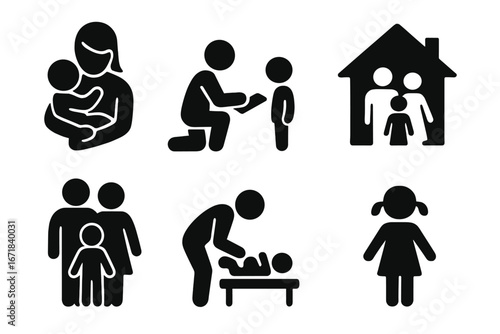 Family and parenting silhouette icon set. Vector pictogram collection of parent, child, baby care, education, home life. Motherhood, fatherhood symbols for family values.