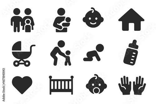 Family and parenting solid icon set. Childcare, baby, and home symbols. Vector glyph collection for newborn, toddler, family life, love, care, stroller, crib, and feeding.