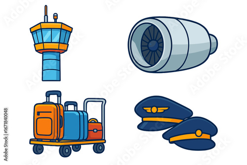 Airport icons set with air traffic control tower, jet engine, luggage cart and pilot hats. Aviation and travel concept. Airline transportation elements. Vector cartoon illustration.
