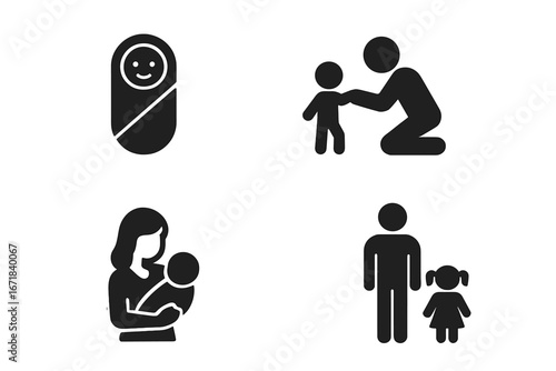 Family and parenting solid icon set. Mother, father, baby and child care silhouette collection. Vector glyphs of people, parents, newborn and kids. Isolated family symbols.