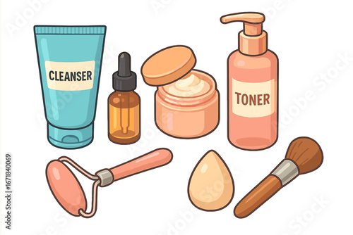 Skincare routine flat lay vector illustration. Set of cartoon beauty products: cleanser, toner, serum, face cream. Cosmetic tools like a jade roller, makeup sponge, and brush.