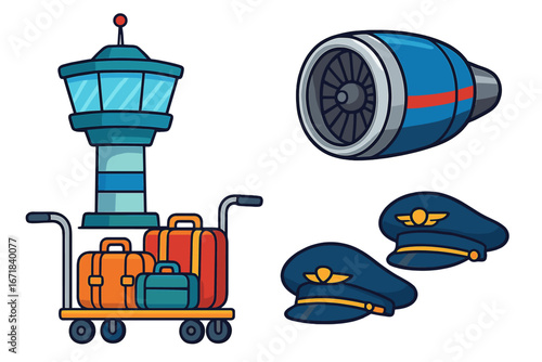 Airport icon set with air traffic control tower, jet engine, luggage cart and pilot hat. Aviation travel concept. Vector cartoon illustration for transportation design.
