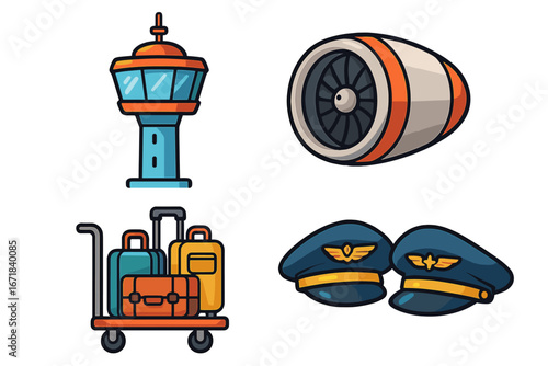 Airport elements vector icon set. Includes air traffic control tower, airplane jet engine, luggage cart, and pilot cap. Flat cartoon illustration for aviation and travel design.