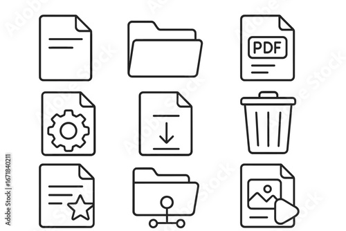 File management line icon set. Document, folder, PDF, and media icons. Vector collection for UI UX design. Data organization, download, delete, and settings symbols.