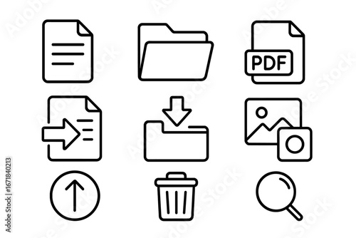 File management vector line icon set. Document, folder, PDF, media file symbols. UI UX graphic elements for web and app design. Download, upload, search, and delete icons.