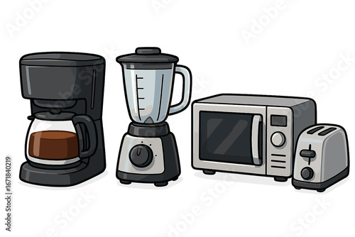 Collection of kitchen appliances vector icons. Coffee maker, blender, microwave, toaster. Household domestic equipment for cooking. Modern cartoon illustration set for home.