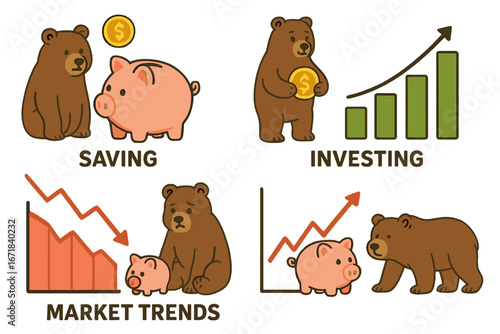 Set of financial concepts. Saving, investing, market trends. Bear and bull market metaphor with piggy bank. Stock exchange growth and recession. Finance, economy vector icons.