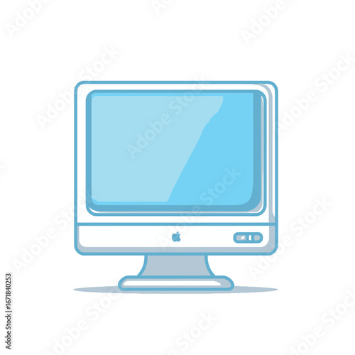 Illustration of a vintage apple imac g3 computer with a light blue screen and a white plastic casing