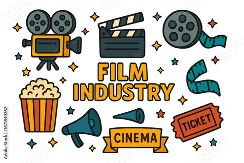 Film industry and cinema entertainment set. Movie production symbols. Vector icons of camera, clapperboard, film reel, popcorn, ticket. Filmmaking cartoon graphic elements.