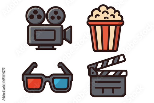 Movie night icon set. Film production symbols with vintage camera, popcorn, 3D glasses, and clapperboard. Vector illustration for cinema, movie theater, and entertainment.