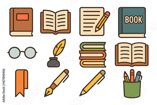 Book icon set. Flat vector illustration collection of reading, writing and literary elements. Stationery, library, and education symbols. Open book, quill pen, glasses.