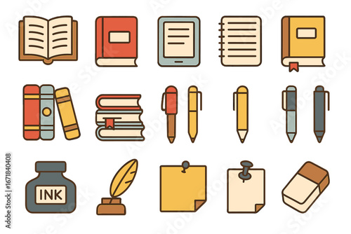 Big set of vector icons for education, literature, writing. Book, stationery, pen, ereader, ink. School and office supplies. Concept for knowledge, study, library, learning.