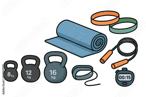 Vector set of gym equipment for fitness training. Kettlebell, jump rope, resistance band, yoga mat, and stopwatch for a workout. Concept of a healthy lifestyle and sport at home.